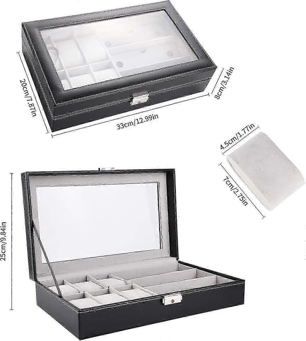 Klockbox Glasögonförvaringslåda, Syntetiskt Läder Klockdisplayfodral Solglasögon Organizer Låsbar