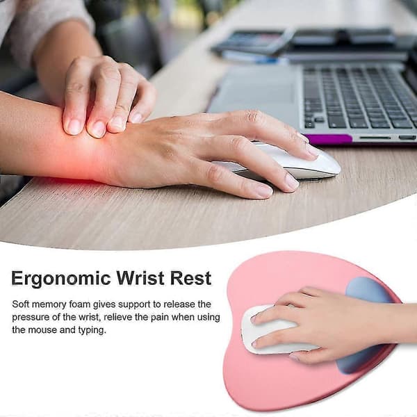 Ergonomisk hjerteformet musemåtte, med gel håndledsstøtte, skridsikker til hjemmekontorbrug pink