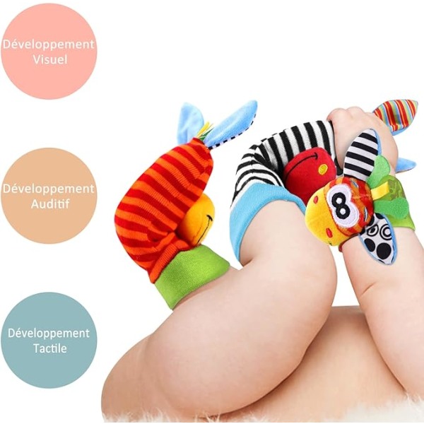 Sæt med 4 babyhåndleds- og sokkelegetøj (striber), håndledsklokke med rotte