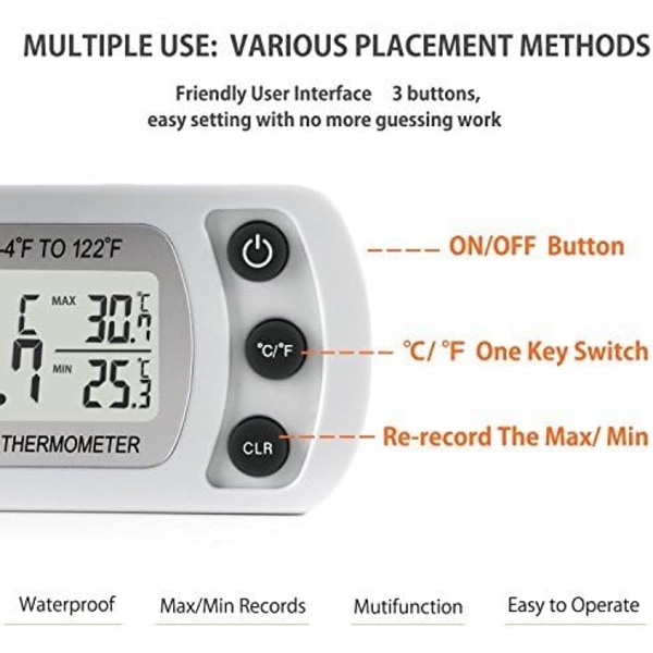 Kjøletermometer, Vanntett Kjøleskap Fryser Termometer