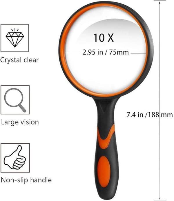 Förstoringsglas 10X (Orange), Handhållen Läsförstoringsglas med Halkskydd