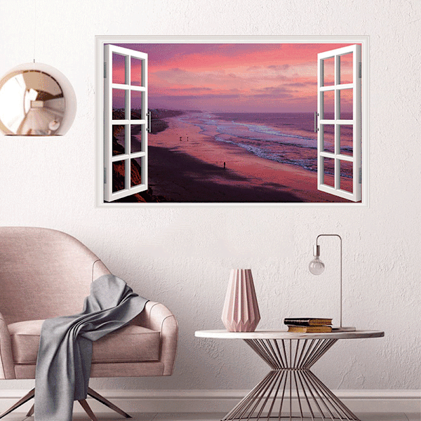 43,5x70 cm Simulationsmærkat Vindue - Solnedgang ved kysten