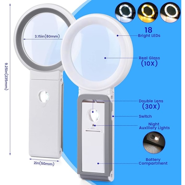 30X 10X Förstoringsglas med Ljus och Stativ, Vikbart Handhållet Förstoringsglas