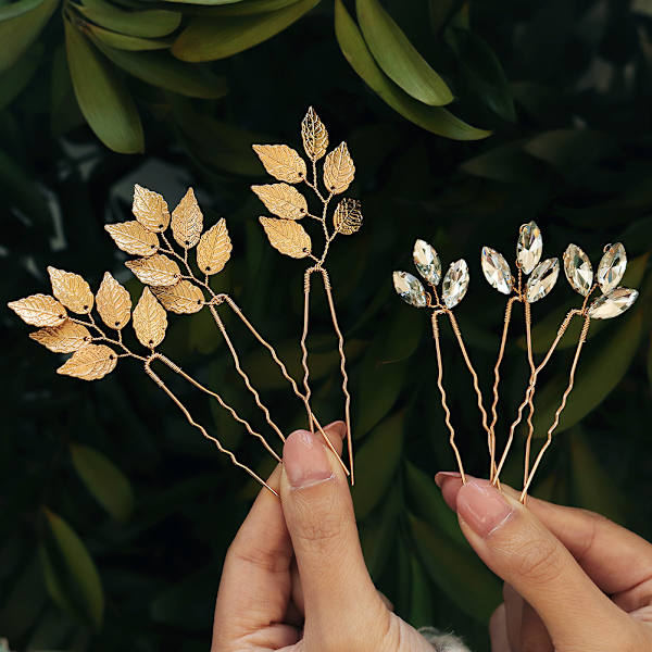 6 stk Brudesløyfe Hårnåler Gull Krystall Blad Hårnåler Blad Bryllup Ha
