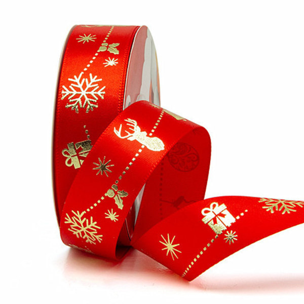 ##/(Red) 22 Meter Satängband med Gyllene Julmotiv##/