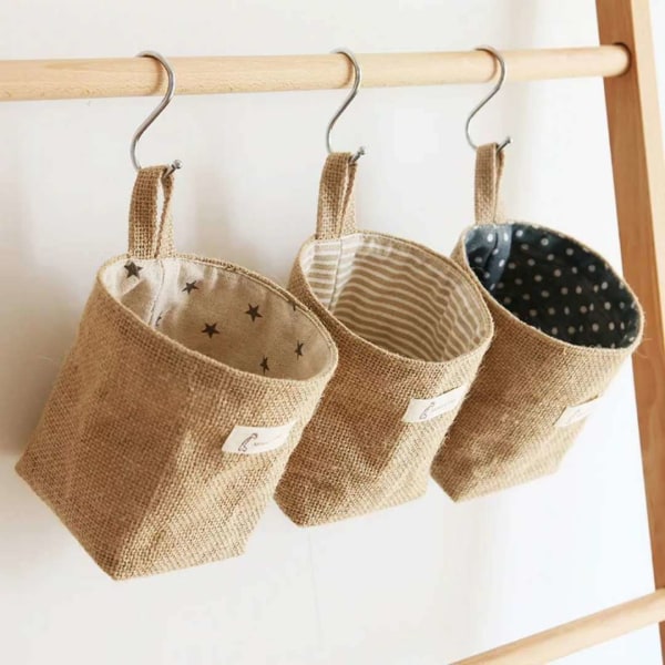 ##/Bomuld og Linned Opbevaringskurv 3 stk Foldbar Linned Opbevaringsboks Hængende Opbevaringspose til Legetøj Makeup Små Ting Nøgler Toiletpapir Potteplanter##/