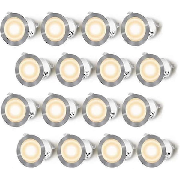 Pakke med 16 LED-innfelte spotter for treterrasse, vanntett IP67, utendørs innfelte spotter, 0,6W DC12V, varmt hvitt lys, mini lampesett for uteplass
