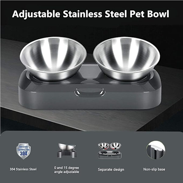 ##/Höjd Stålmatskål för Katt & Hund 480ml x2 Dubbelskål för Katt & Hundmatning  Halksäker & Spillfri##/