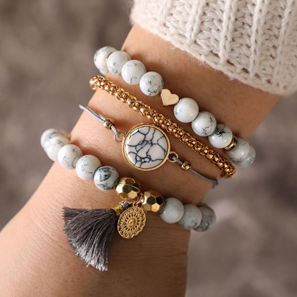 Sæt med 4 Boheme Multilayer Lucky Sølvperle Armbånd, Justerbar