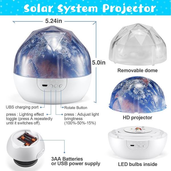 Solar System Projector Night Light for Kids, 360° roterende + 5 Fi