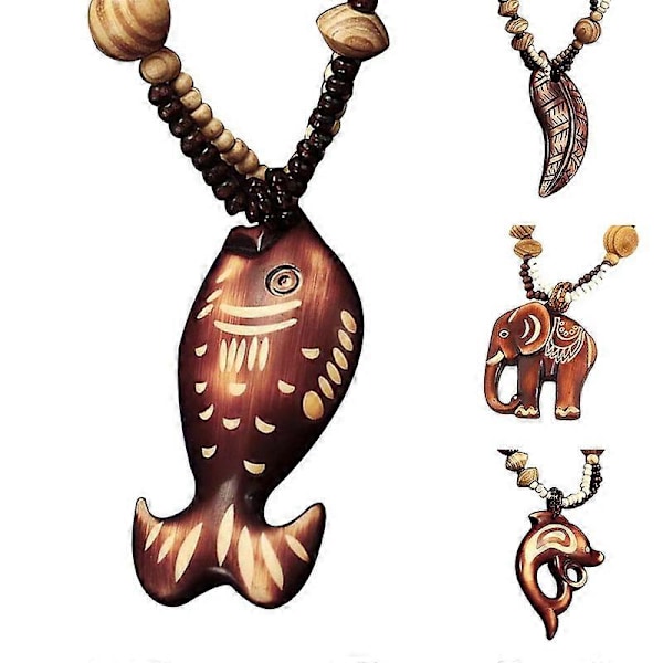 Boho Dame Elefant Delfin Fisk Dyr Blad Vedhæng Perlebesat Lang Halskæde i Træ 1