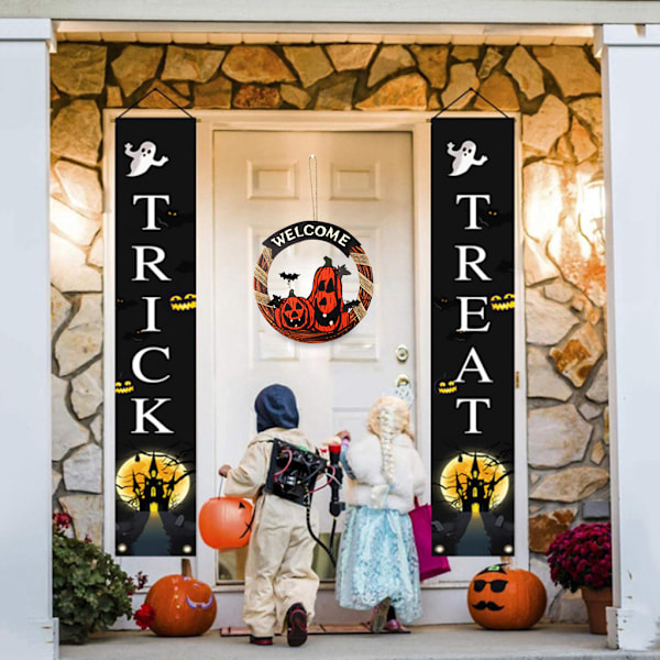 Halloween Dørdekoration i Træ - Sort Kat og Græskar, Halloween