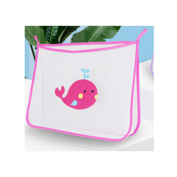 A pink bathroom toy storage bag for kids, about 30cm x 40cm x 10