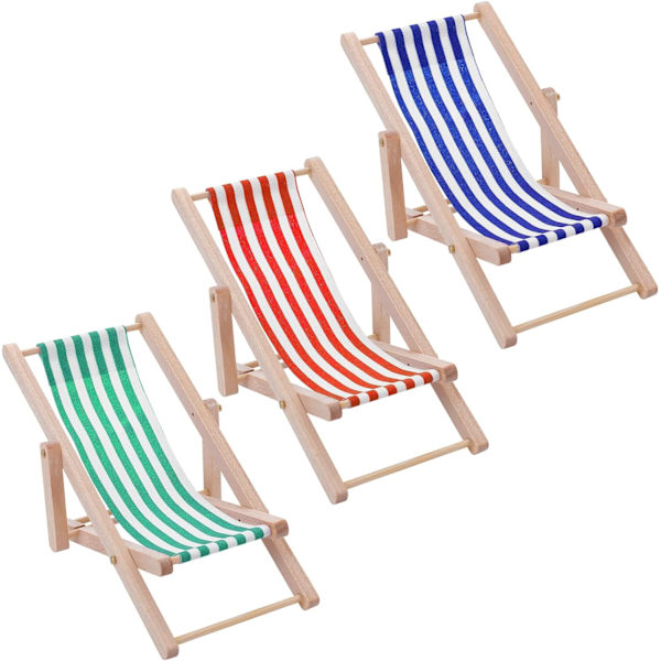 Set med 3 Mini Trävikbara Strandstolar för Dockhus eller Dockor