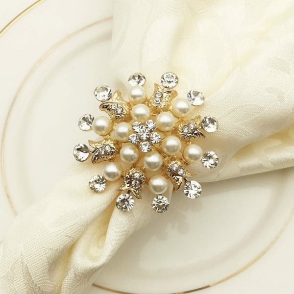 Servietringe (Guld) Sæt af 6 - Blomst Perle Rhinestone Servietring