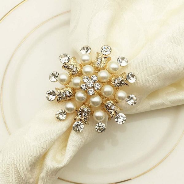 Serviettringer (Gull) Sett med 6 - Blomst Perle Rhinestone Serviettring