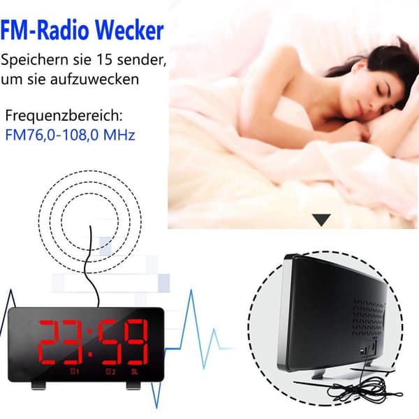 Radio väckarklocka LED med 6\" display bordsklocka 12/24 timmars musik väckarklocka