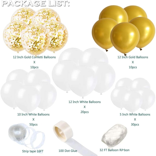 White Balloon Arch Garland Kit, 124stk White Gold Confetti Latex