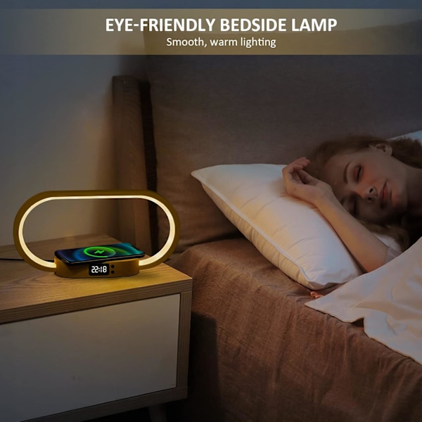 Sengelampe med trådløs opladning, Touch Control LED Bordlampe Dæmpbar