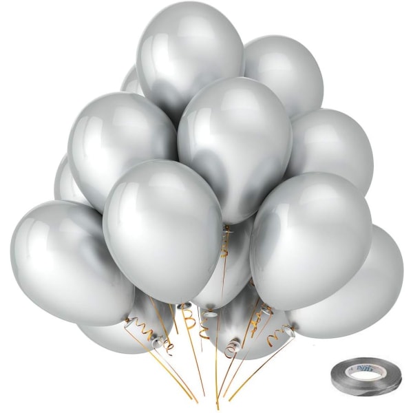 Silver Metallic Chrome Latex Ballonger, 100 Pack 12 tum Round Hel
