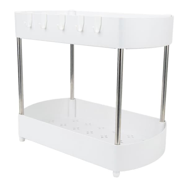 Under Vask Organizer 2-lags Hul ABS Baderomsskap Organizer Stativ med Rustfritt Stål Brakett og 5 Kroker Hvit