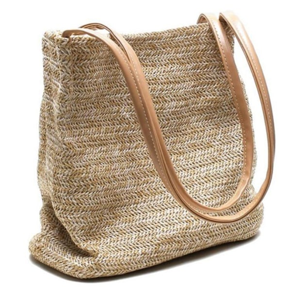 ##/Stort stråvevd håndveske i khaki for kvinner - Strandveske, skulderveske, tote##/