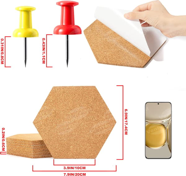 Korktavla, 8 Självhäftande Korkanslagstavlor Hexagonala Kork