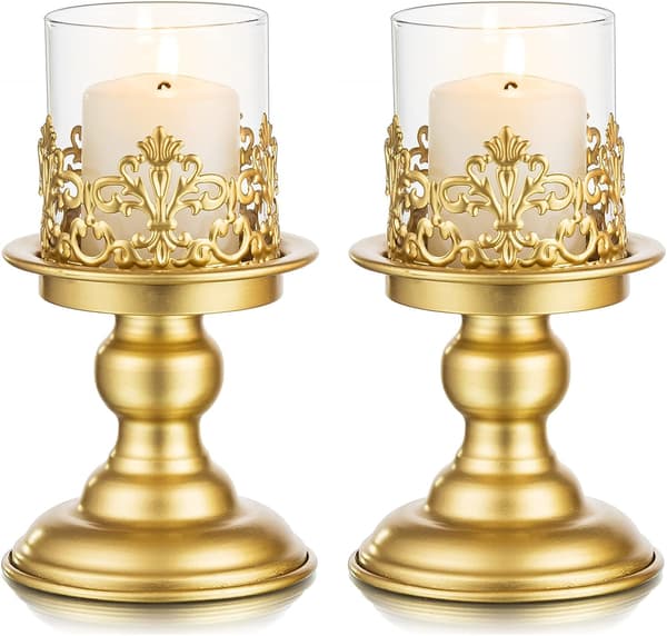 Set med 2 Vintage Guld Ljusstakar - Dekorativ Rustik Metall Ca