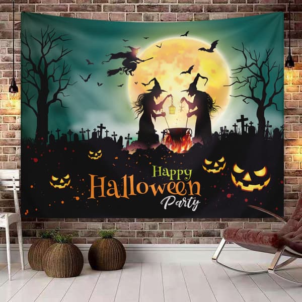 Gobeliner Halloween Oransje Gresskar Fullmåne Forhekset Slott Skisse
