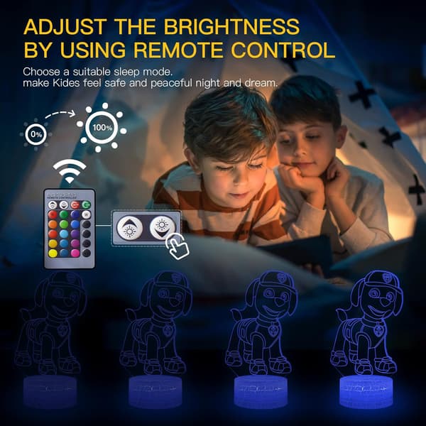 Paw Patrol 3D Illusion Lampe LED Natlampe, 16 Farver Blinkende