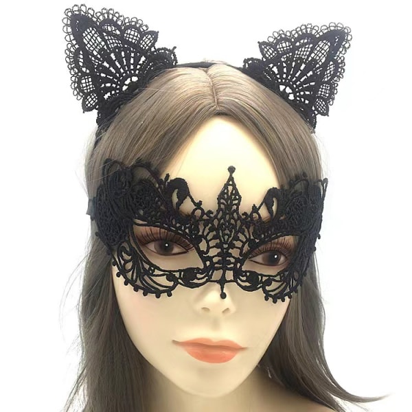 ##/4##/(Svart) Kvinnors Halloween Spets Halvmask med Kattungeöron Huvudband C##/