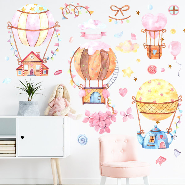 2 stk aftagelige wallstickers tegneserie slik farve varmluftsballon