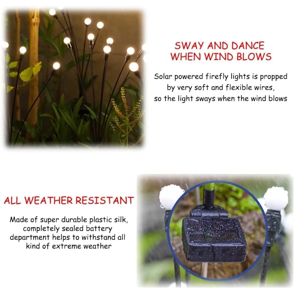 Sæt med 4 10 LED solcelle-ildfluer (4 stk., varm hvid), g
