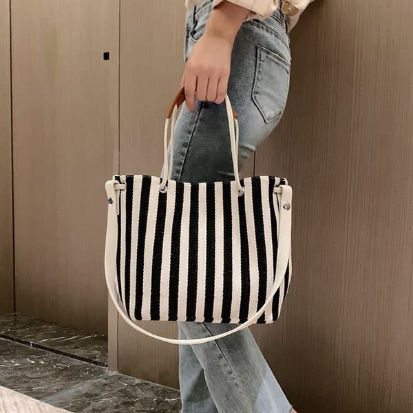 Canvas Sommer Håndtaske Lille Medium Strandtaske Skuldertaske Sort