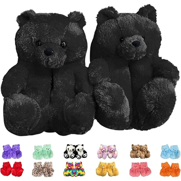 ##/Faux Fur Slippers with Teddy Bear - Black for Women and Girls##/