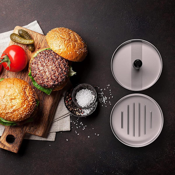 Hamburger-puristimen ja patty-paperisetti (musta), Hamburger-puristimen, Gri
