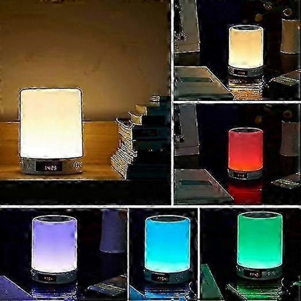 Bluetooth Högtalare Dimbar Sänglampa Touchkontroll RGB 6 Färgskiftande Nattlampa Väckarklocka Bordslampor för Sovrum