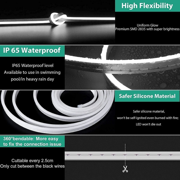 1M LED-nauha, 12V 6000K valkoinen neonnauha himmennettävä, joustava ja