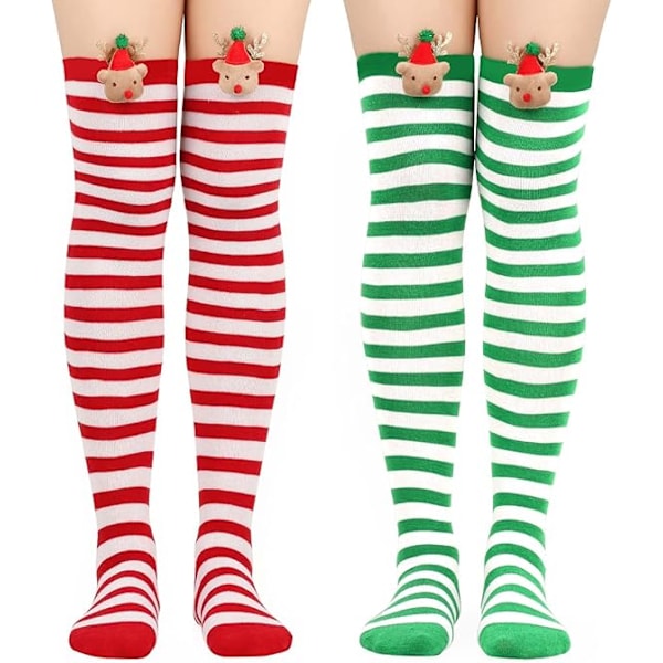 ##/Pairs of Christmas Moose Striped Knee High Socks for Women - Gree##/