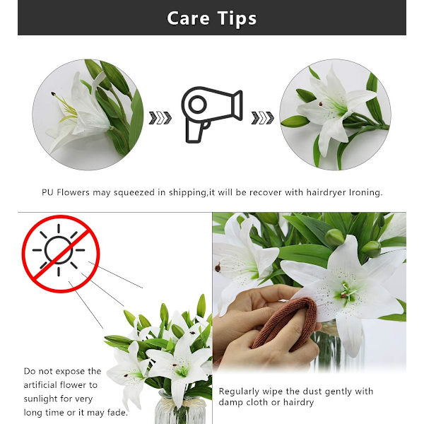 6 Kunstige Lily Blomster Hvide Buketter, Realistiske Falske Lily Bl