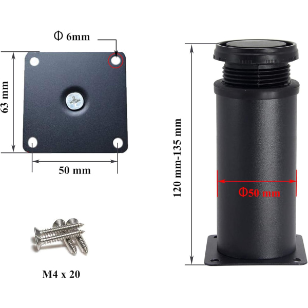 4 justerbare sorte ben 120 mm højde tykke skabsben Bord L