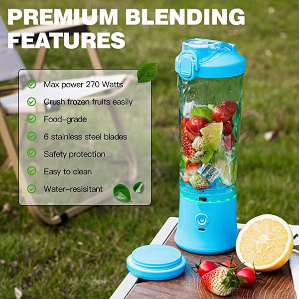 (Blå) Bærbar blender 270 Watt til shakes og smoothies Vandtæt blender