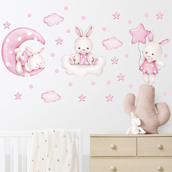 Kaniner med ballonger Rosa，Personlige veggklistremerker Akvarell