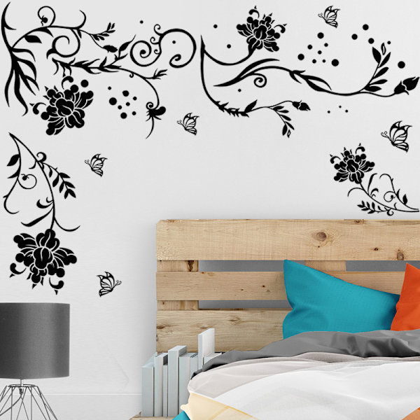 1 Set Väggdekaler Fjärilar Rankor Blomma Svart PVC Design Wa