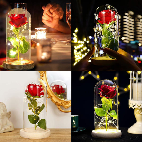 Kunstig rose med LED-lys, glødende glasskærm til Valentinsdag (rød)