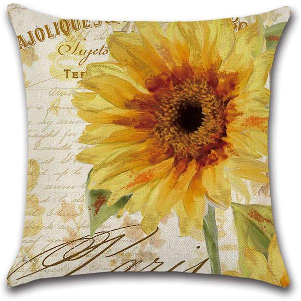 4 stk Vintage Solsikke Bomulls-Linen Sofaputetrekk Puter