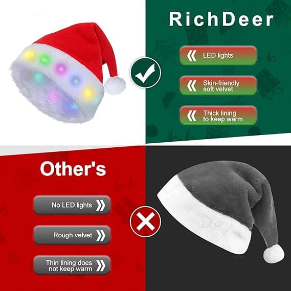 LED Julehatt, Julehatt for voksne, Plysj Julehatt, Unisex Julehatt