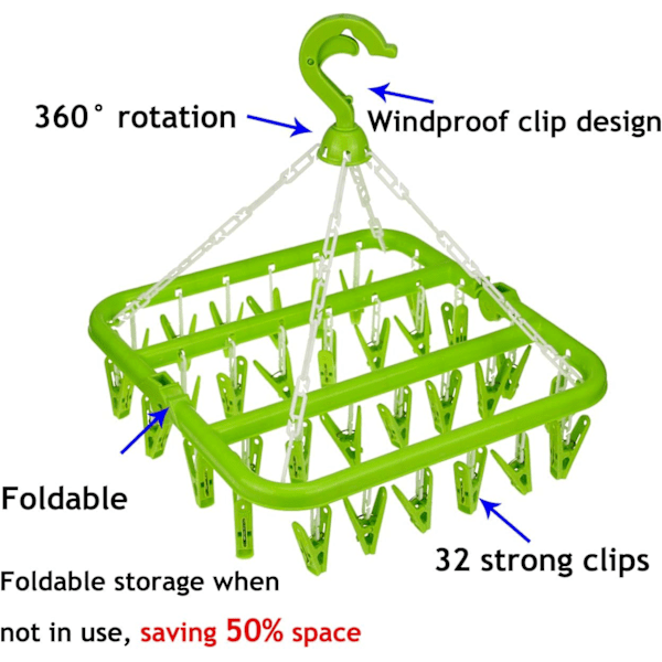 ##/(Vihreä) Vaateteline 32 klipsillä, taitettava pyykkipoikateline##/