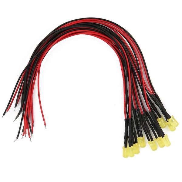 100 stk. 12V Klar 5mm Ferdigkablet Lysdiode med 20cm Ledning LED Lysperler Gul til Gul