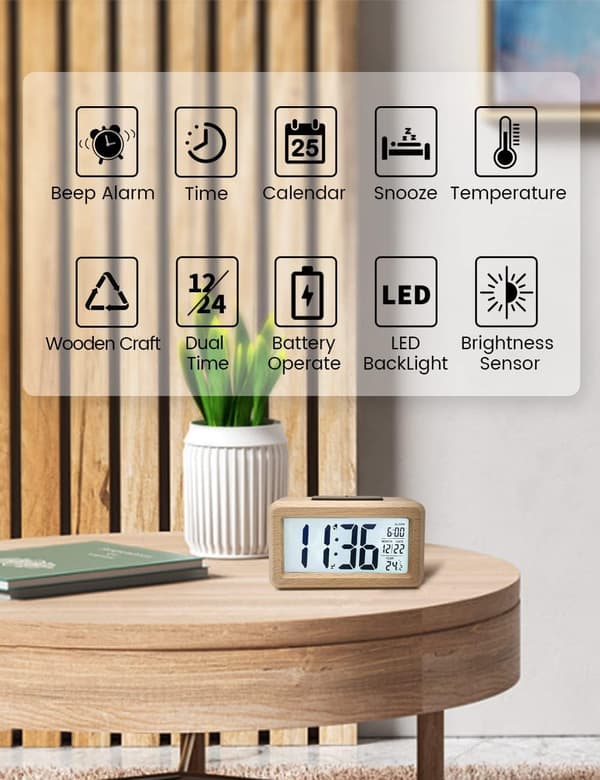 Digital vækkeur, træ-natbordsklok med stor LCD-baggrundsbelysning